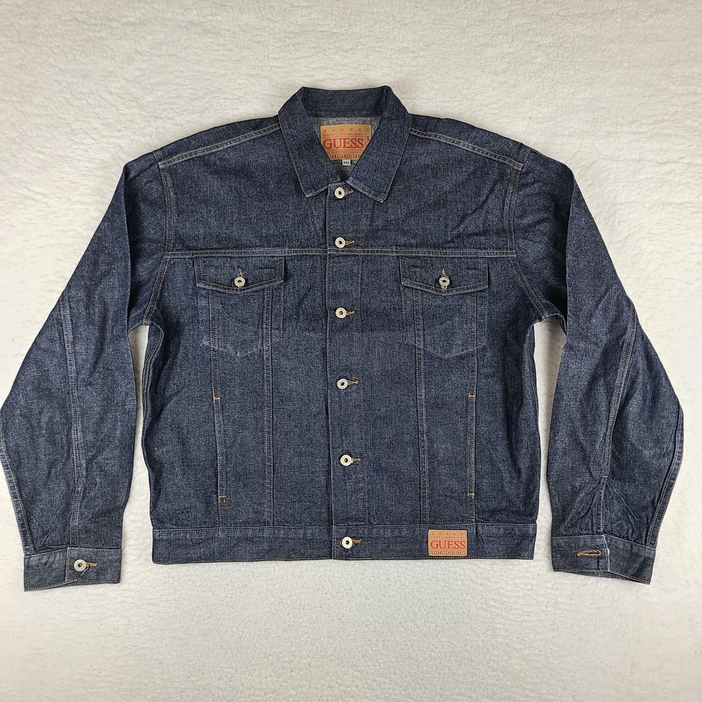 Guess Jean Denim Trucker Jacket Mens 2XL XXL‎ Dark Blue Flap Pocket M9113807